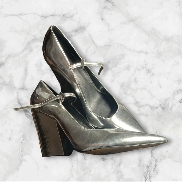 Silver Block Heel Pumps - Picture 1 of 4